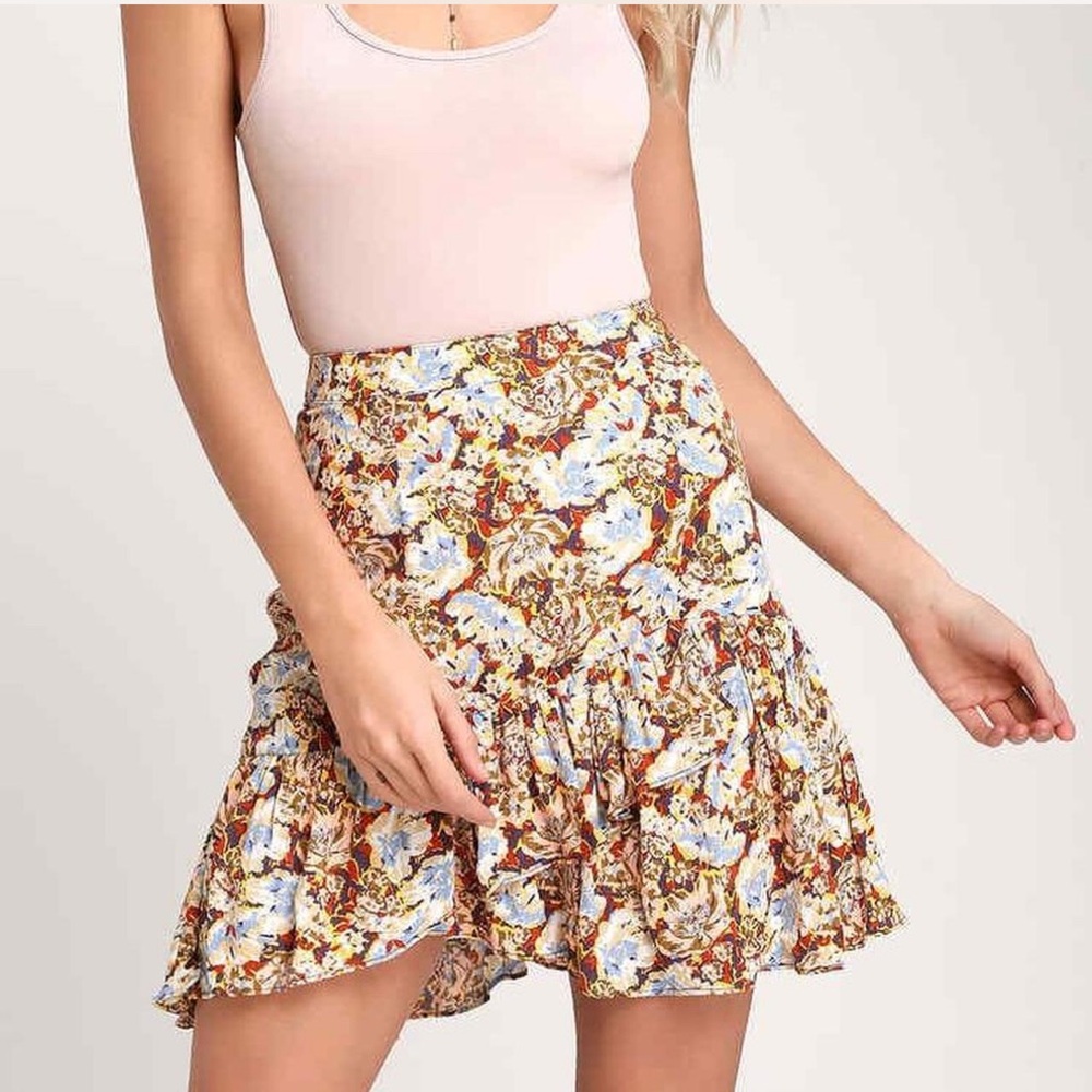 Free People Nadia Yellow Floral Print Ruffled Wrap Mini Skirt